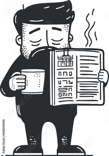 Cartoon illustration of a bearded man holding a steaming cup of coffee and reading a newspaper in the morning.