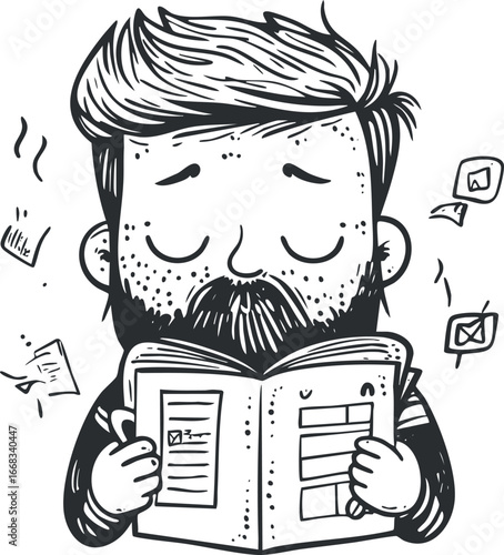 Black and white illustration of a bearded man reading a newspaper with a relaxed expression