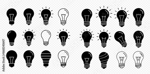 A collection of diverse light bulb icons in black and white, depicting both illuminated and unlit states, symbolizing ideas and innovation.