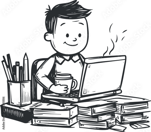 Illustration of a boy sitting at a desk working on a laptop surrounded by books and stationery, holding a coffee cup.