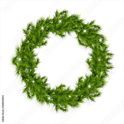 Vector realistic christmas wreath with fir branches. Glowing Christmas lights. Christmas tree decoration. Winter season festive frames on white background. Holiday Pinaceae garlands. 