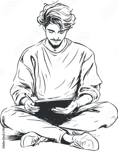 Black and white sketch of a young man sitting cross-legged using a tablet with a stylus for digital drawing or design.