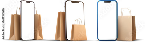 A set of three compositions featuring modern smartphones with blank white screens next to paper shopping bags. Isolated on a white background. Perfect mockup for online store applications, mobile shop