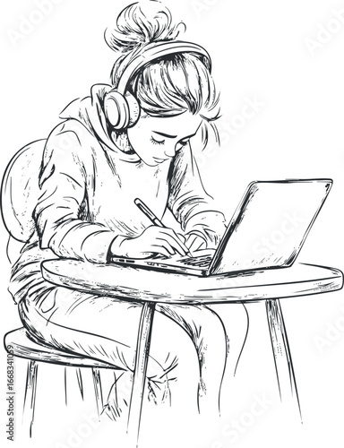 Black and white sketch of a young woman wearing headphones drawing on a laptop at a table.
