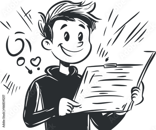Black and white cartoon illustration of a happy boy reading a paper with interest and smile