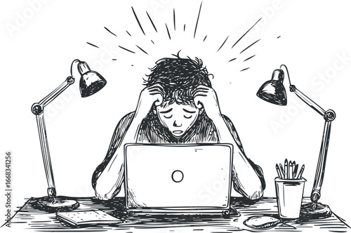 Black and white illustration of a stressed person sitting at a desk with a laptop, holding their head in frustration surrounded by office supplies and lamps.