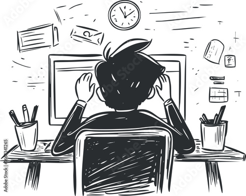 Black and white illustration of a person working at a desk with a computer screen and office supplies around