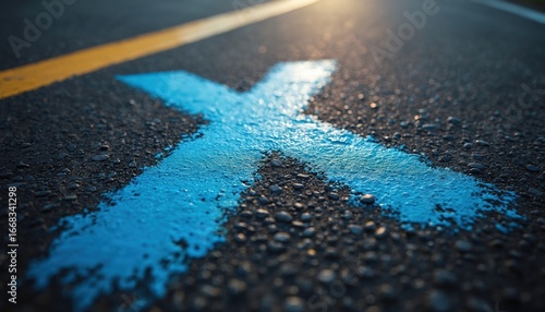 Fototapeta Naklejka Na Ścianę i Meble -  Close-up of bright blue X marking on dark asphalt, next to yellow line. Urban street texture shows small stones, slightly blurred background. Graphic imagery represents direction, intersection target