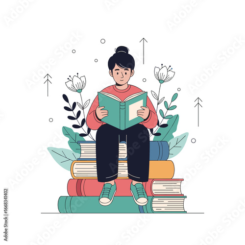 A young person sits atop a pile of books enjoying a story