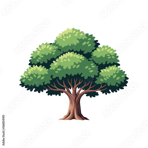 A majestic evergreen tree standing tall in lush green foliage with detailed bark and thick branches