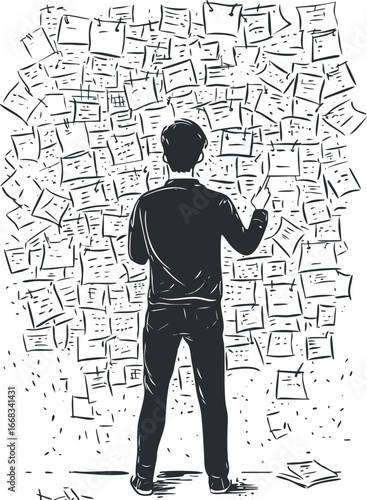 Black and white sketch of a man standing in front of a wall covered with numerous papers and notes, symbolizing workload and information overload.