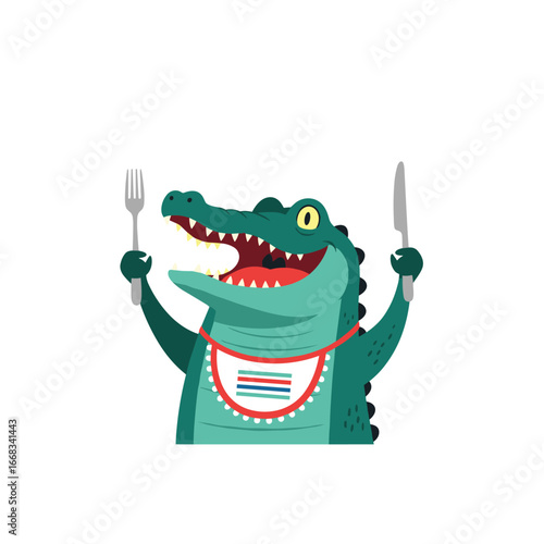 Hungry cartoon alligator character with fork and knife ready to eat mealtime fun