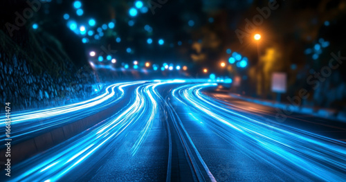 Long exposure of a winding road at night with vibrant blue light trails
