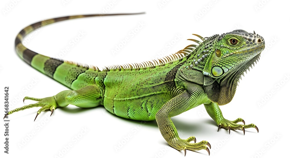 Obraz premium Green Iguana in Crawling Stance with Spiny Crest and Striped Tail on White Background