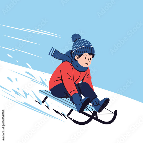 Young boy enjoys sledding down a snowy hill during winter fun