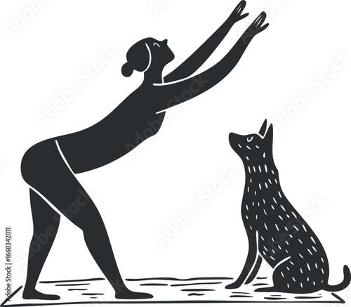 Silhouette illustration of a woman doing yoga stretching pose with a sitting dog companion on a mat.