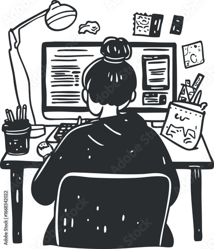 Illustration of a woman sitting at a desk working on a computer with office supplies and a lamp