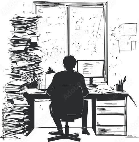 Monochrome illustration of a person sitting at a desk cluttered with a huge stack of papers working on a computer in an office environment