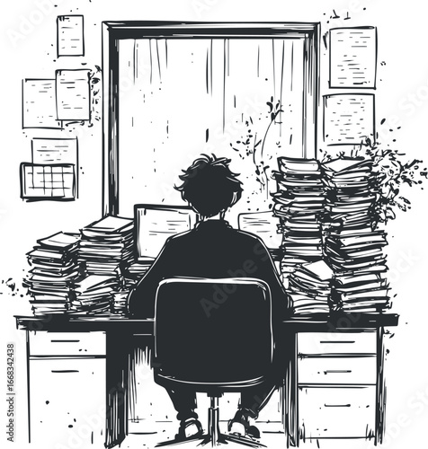 Black and white illustration of a person working at a cluttered desk with stacks of papers and a computer