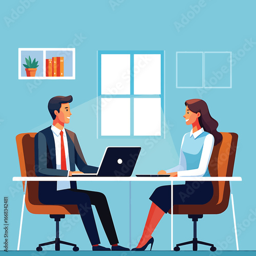 Business meeting illustration of two professionals discussing work at a desk with a laptop