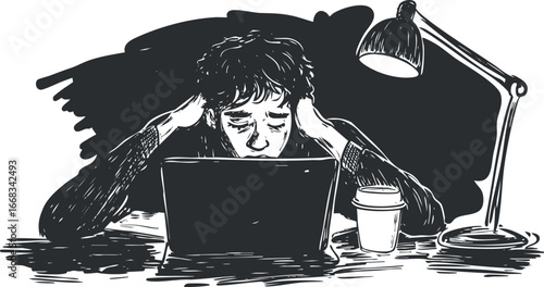 Black and white illustration of a stressed man sitting at a desk with laptop and coffee under a lamp, showing fatigue and frustration