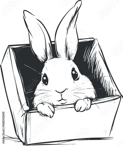 Black and white sketch of a cute rabbit peeking out from inside a box with attentive ears