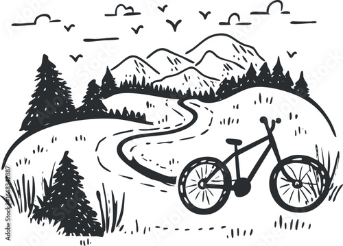 Black and white line drawing of a bicycle on a winding path through hills and mountains surrounded by trees and birds in nature