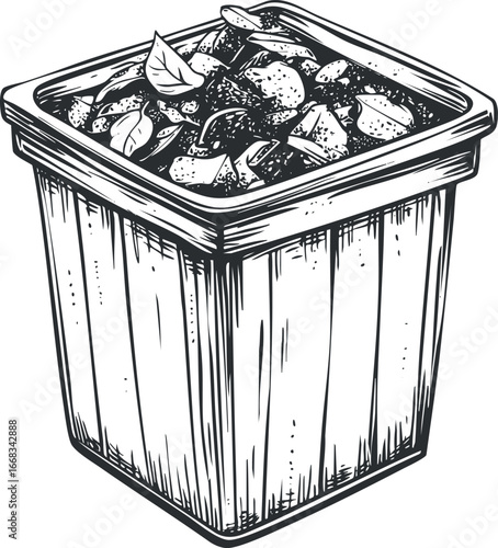 Black and white sketch of a compost bin filled with organic food scraps and leaves for eco friendly waste recycling