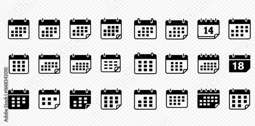A set of black calendar icons in various minimalist styles, arranged in a grid on a transparent background.