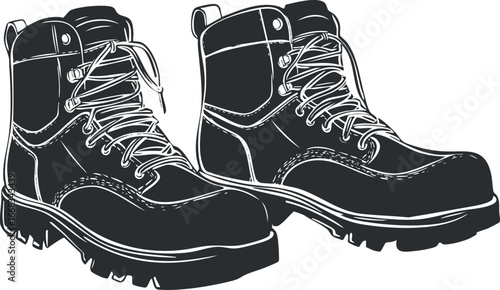 Black and white illustration of a pair of heavy-duty lace-up work boots for outdoor and industrial use