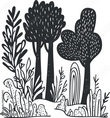 Black and white silhouette illustration of various trees and plants in a natural forest setting