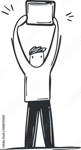 Black and white line drawing of person holding up a tablet device in a celebratory gesture