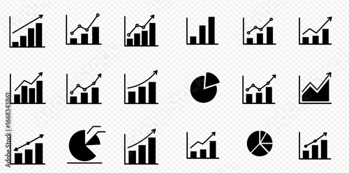 A set of minimalist black icons illustrating different types of data charts, including bar graphs, line charts, and pie charts, against a transparent background.