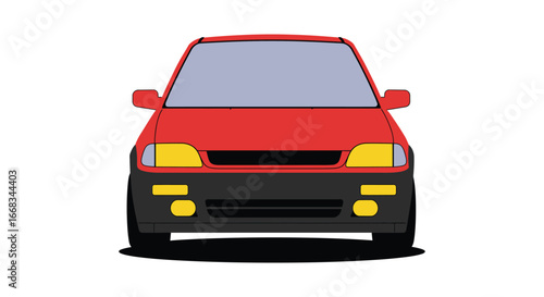 Red cartoon car front view with yellow headlights and black bumper