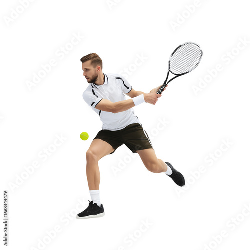Tennis player hitting a tennis ball isolated on transparent or white background, png