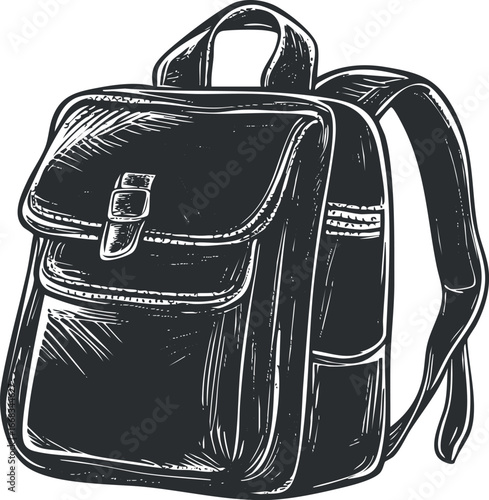 Detailed black and white illustration of a leather backpack with buckle and straps for travel or school use