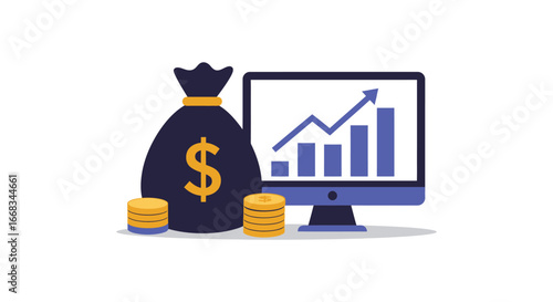 Money bag with computer showing graph and coins on the side