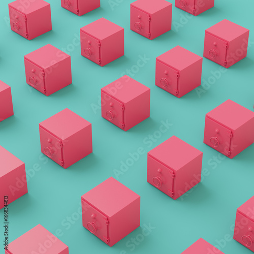 Seamless pattern of pink safes on turquoise background in pastel colors