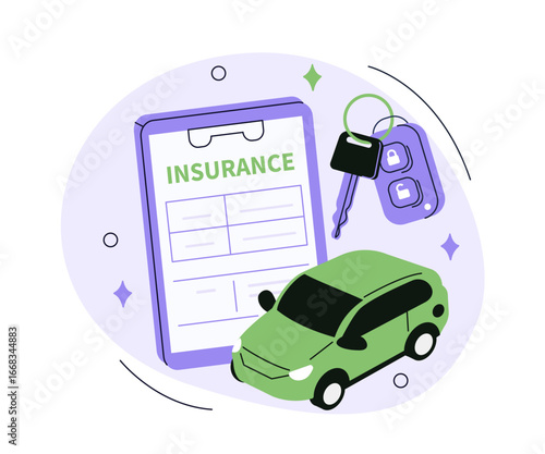 Rental or leasing car with keys near auto insurance policy form. Vehicle safety, assistance and protection concept. Vector illustration.