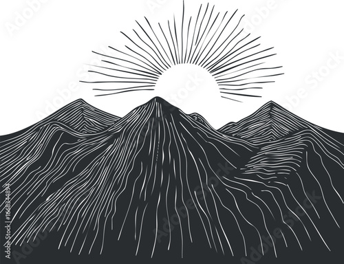 Black and white abstract line art of mountain peaks with the sun rising behind them