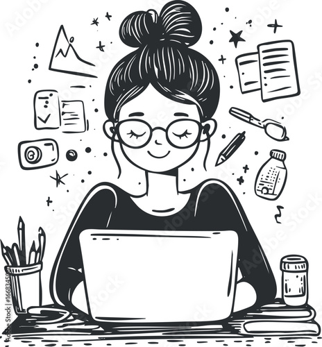 Illustration of a young woman with glasses working happily on a laptop surrounded by creative tools and notes