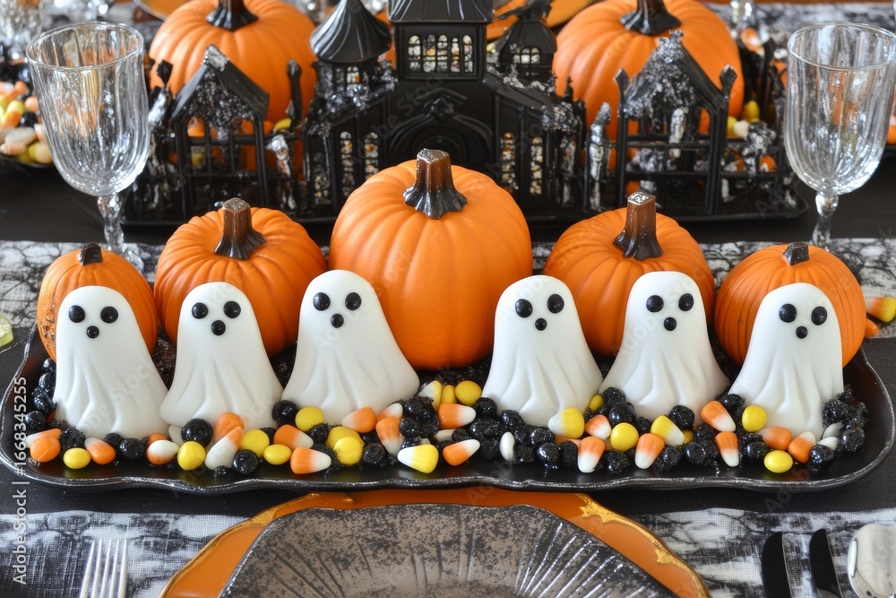 Obraz premium Halloween Table Setting with Pumpkins, Ghost Candies, and Haunted House Decor