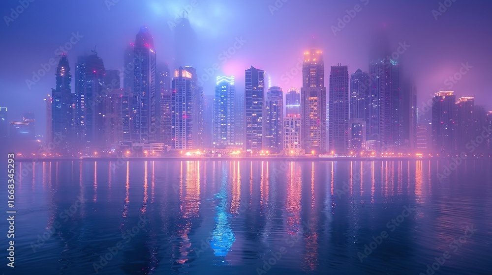 Fototapeta premium Foggy City Skyline with Lights Glowing Through Mist in Cinematic View
