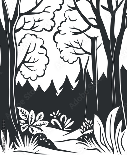 Black and white silhouette of a forest landscape with trees, bushes, and natural foliage