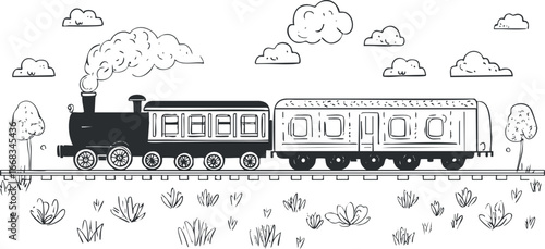Black and white hand-drawn illustration of a vintage steam train engine with carriages on railway tracks