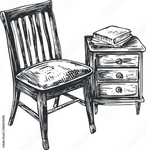 Hand drawn black and white sketch of a wooden chair with cushion and a side table with drawers and books