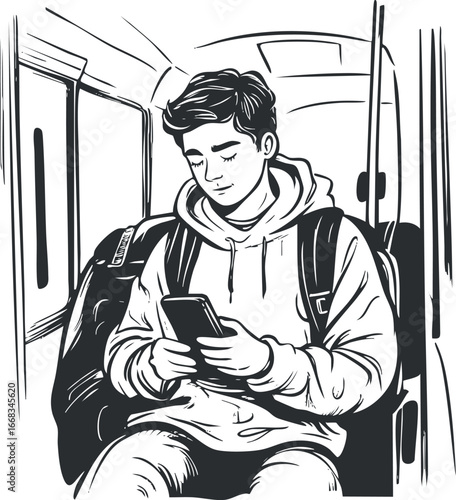 Illustration of a teenage boy wearing a hoodie and backpack sitting on public transport while using a mobile phone.