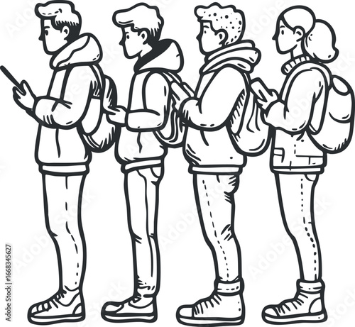 Side view illustration of four young students standing in line using smartphones with backpacks