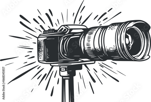 Black and white illustration of a professional camera with zoom lens mounted on a tripod for photography