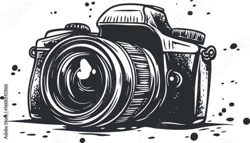 Black and white illustration of a vintage DSLR camera with detailed lens and shutter controls